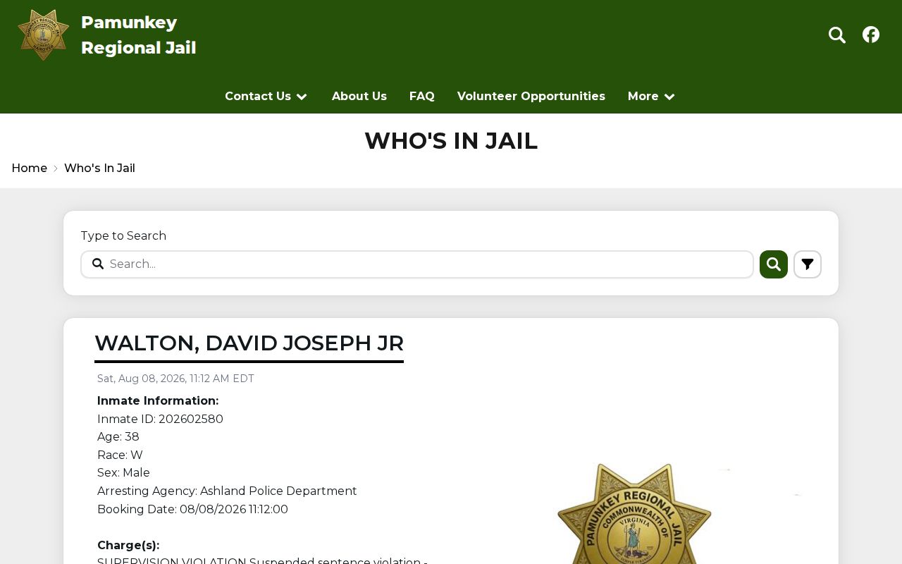 Pamunkey current roster for Caroline County custody rather than released inmates