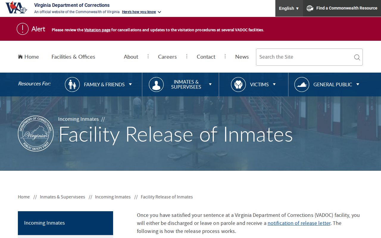 Caroline County actual release date and VADOC release documents