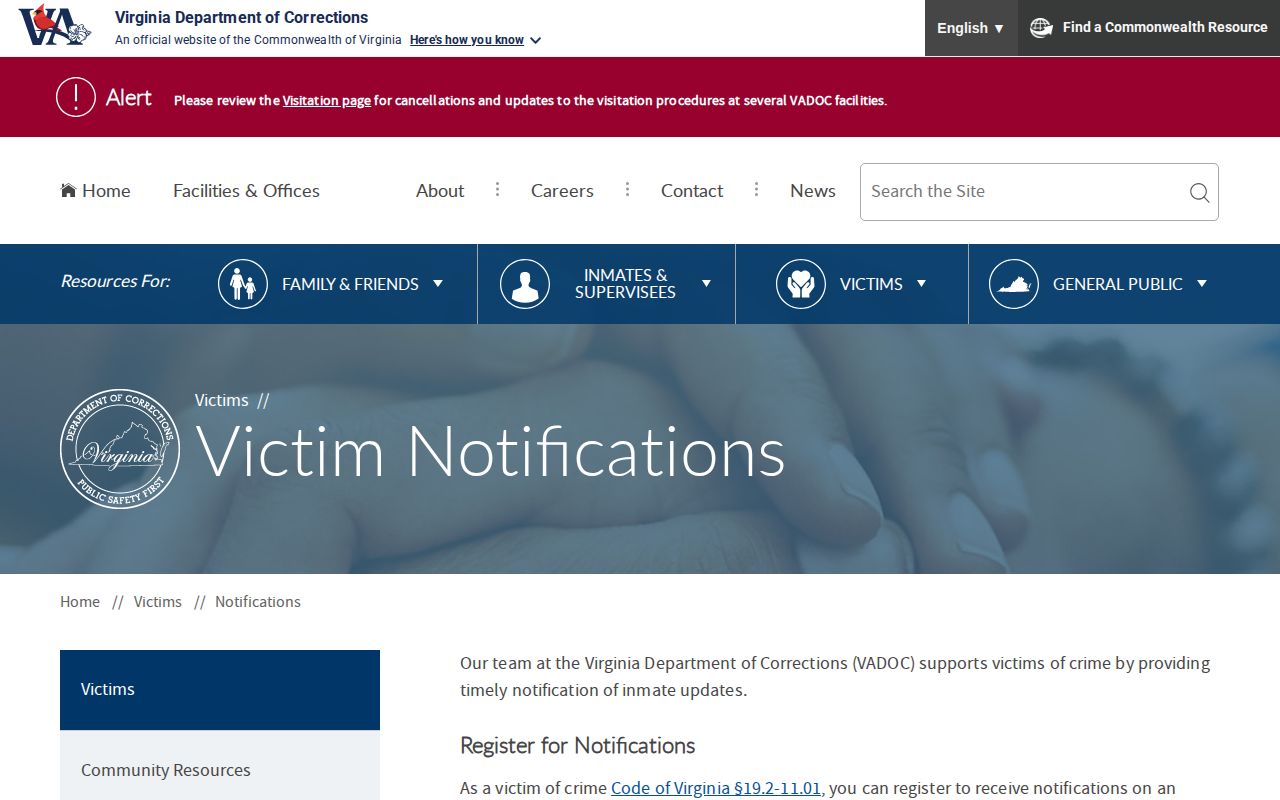 VADOC notification systems for a Caroline County inmate release